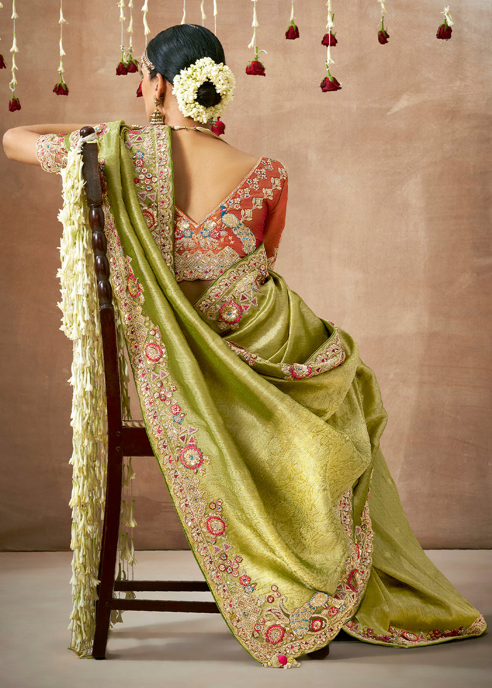 Pistachio Green  Zari Woven Embroidery Designer Tissue Dola Silk Saree