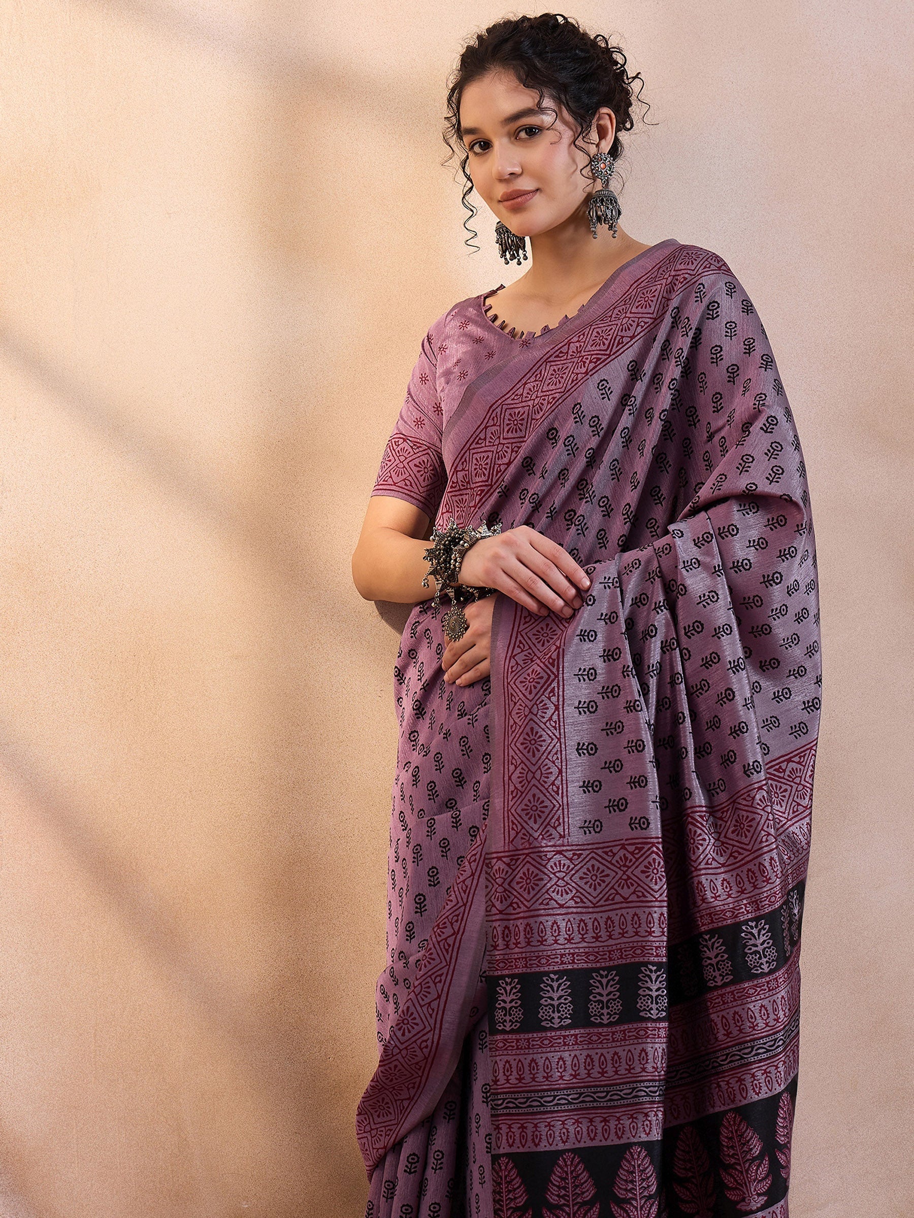 London Hue Purple Printed Dola Silk Saree