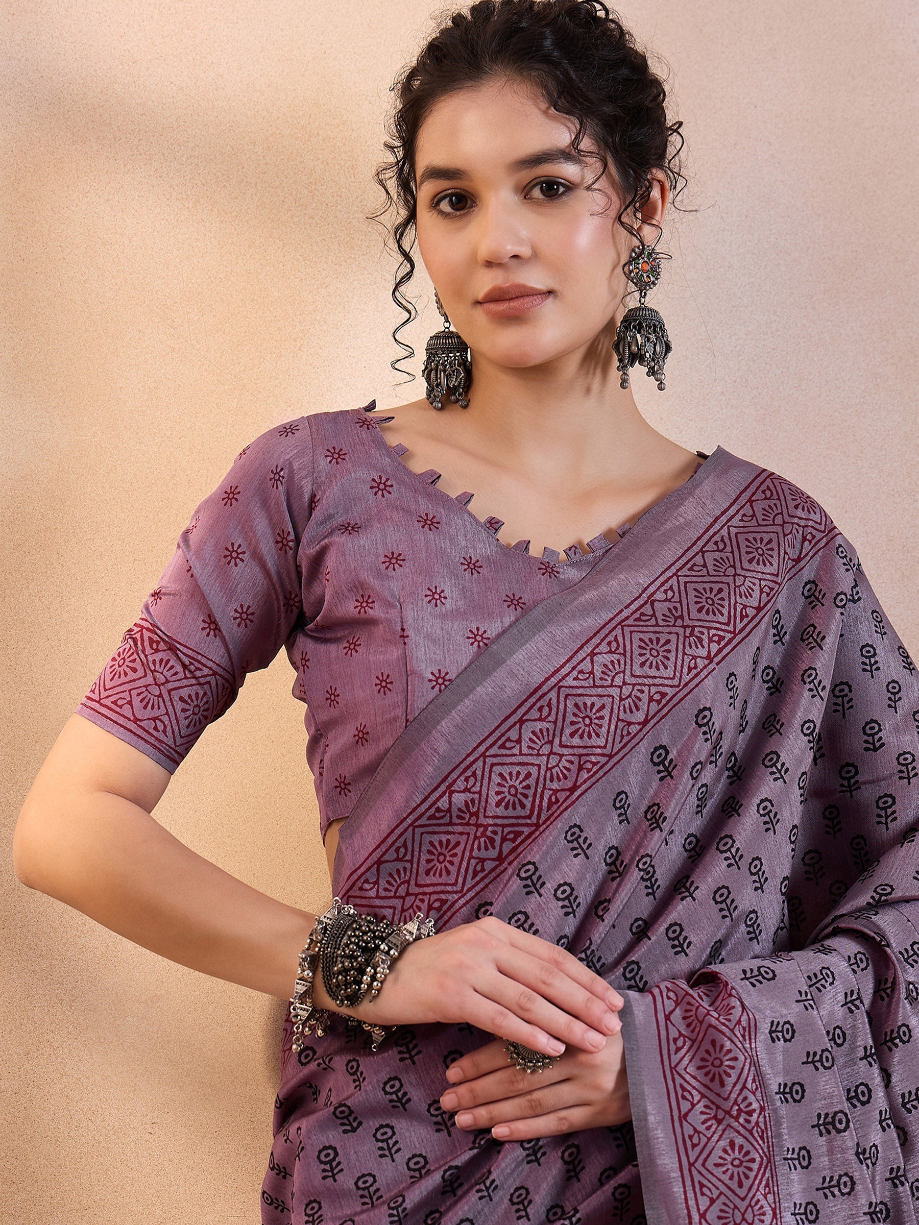 London Hue Purple Printed Dola Silk Saree