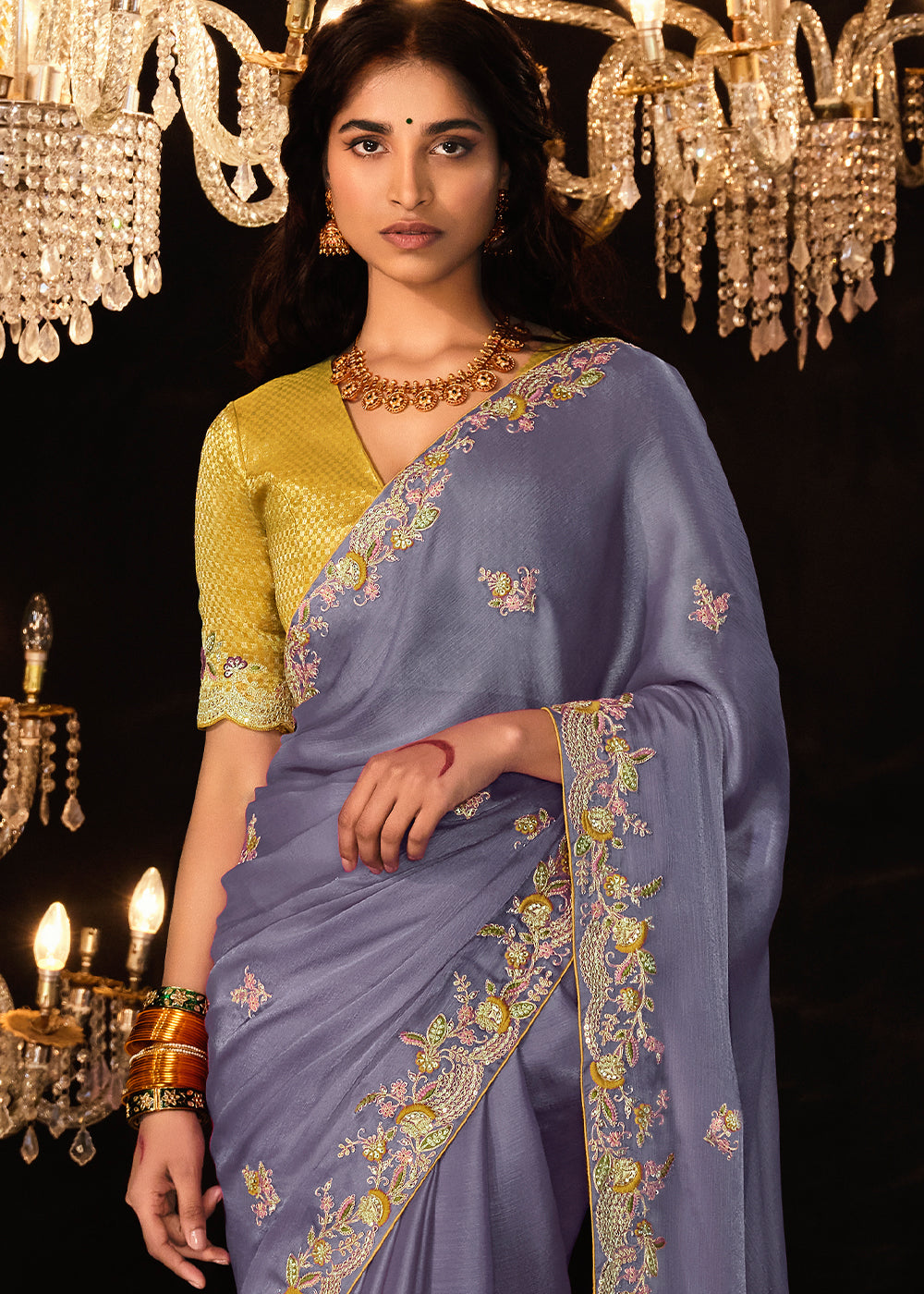 Yardley Purple Embroidered Designer Satin Silk Saree