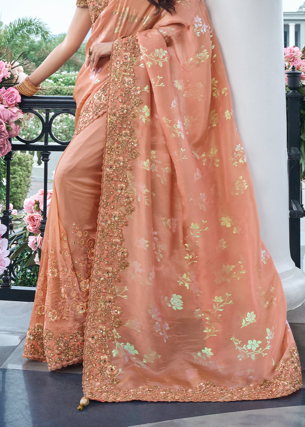 Cadellight Peach Embroidered Designer Silk Saree