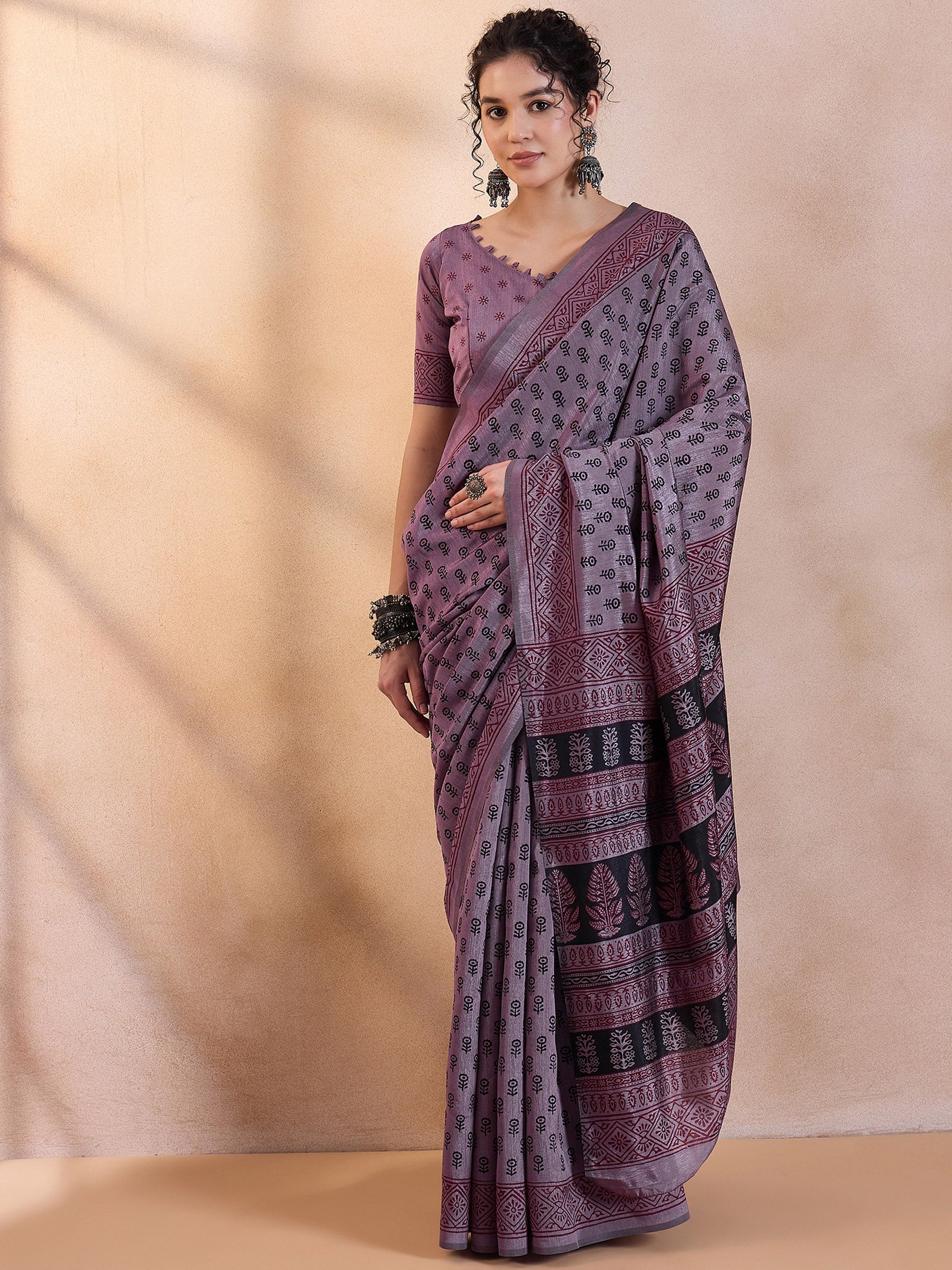 London Hue Purple Printed Dola Silk Saree