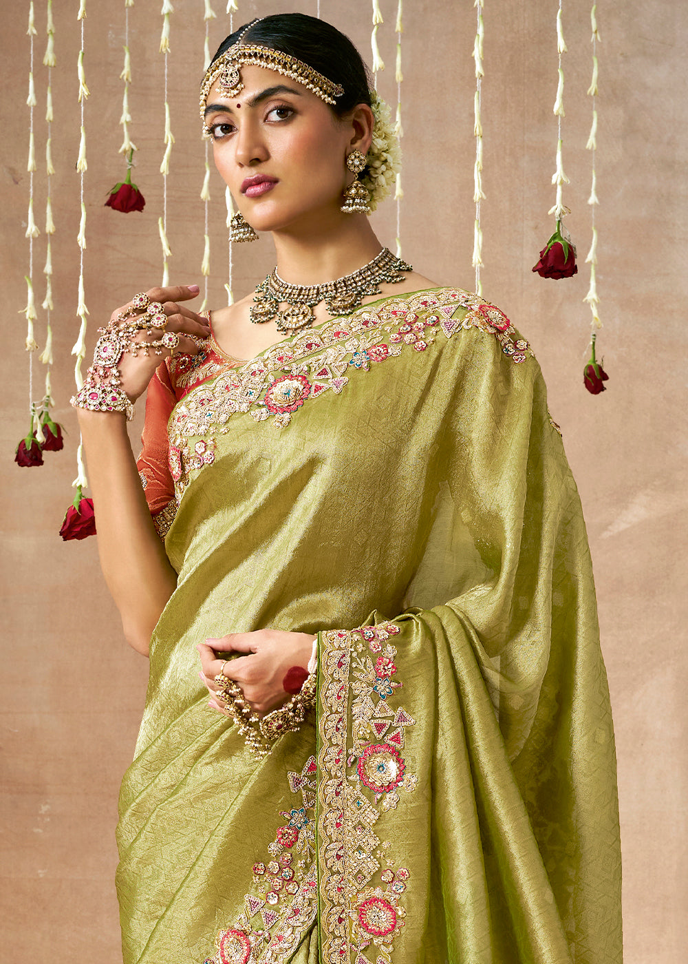 Pistachio Green  Zari Woven Embroidery Designer Tissue Dola Silk Saree