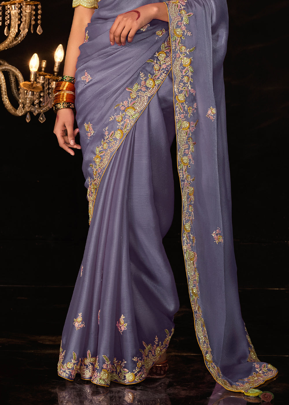 Yardley Purple Embroidered Designer Satin Silk Saree