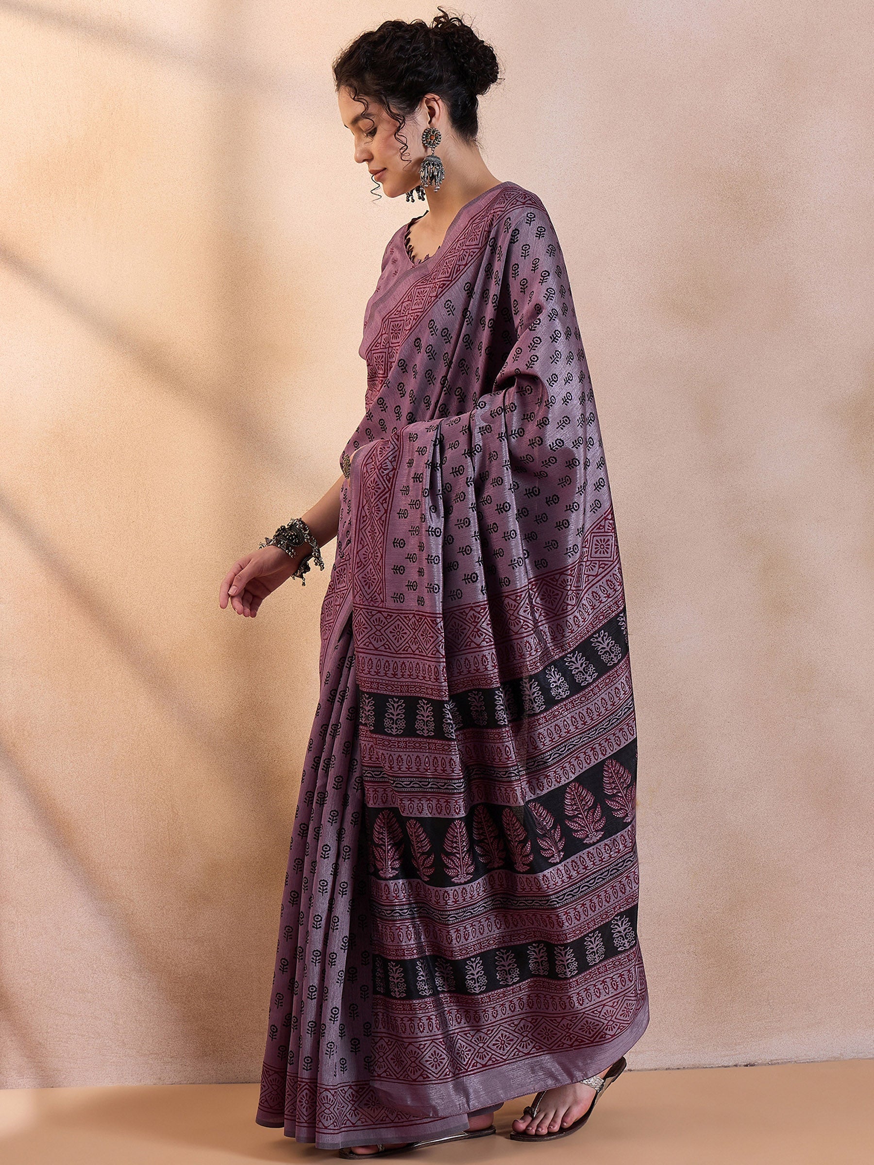 London Hue Purple Printed Dola Silk Saree