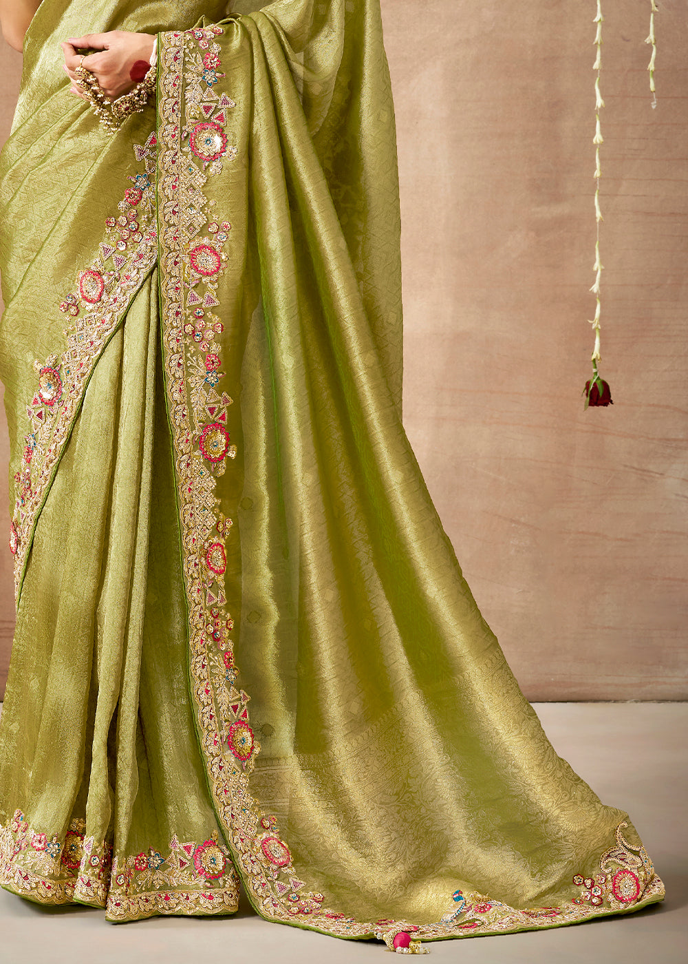 Pistachio Green  Zari Woven Embroidery Designer Tissue Dola Silk Saree