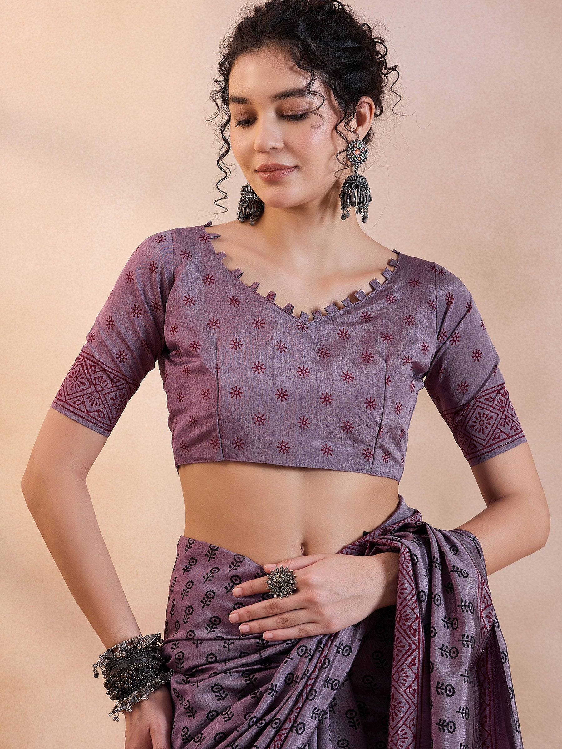 London Hue Purple Printed Dola Silk Saree