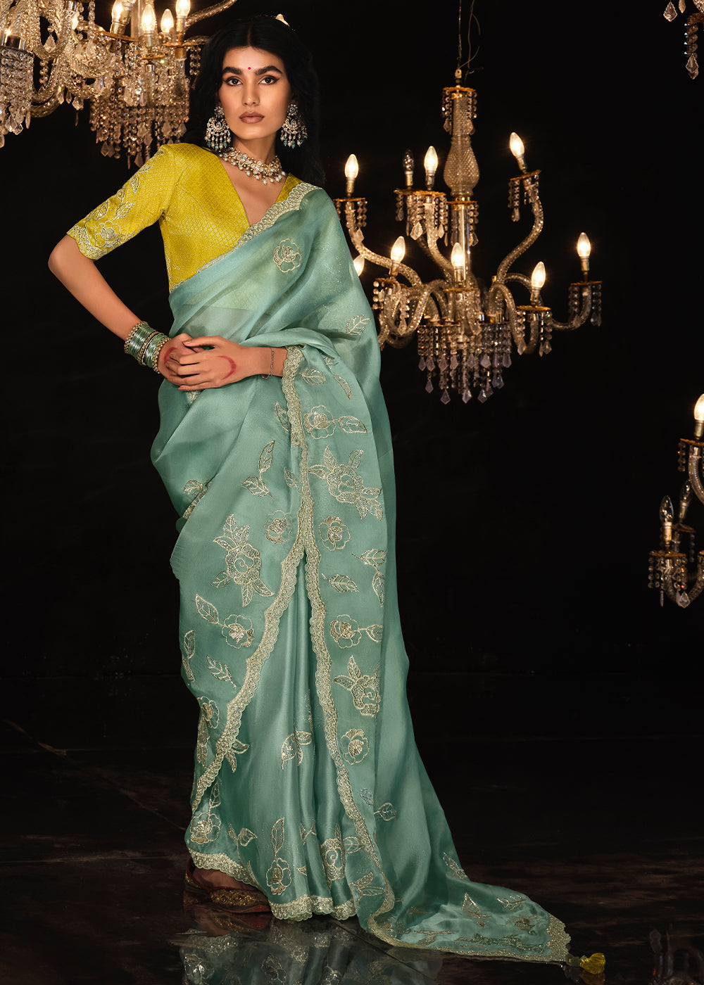 Spanish Green Embroidered Designer Satin Silk Saree