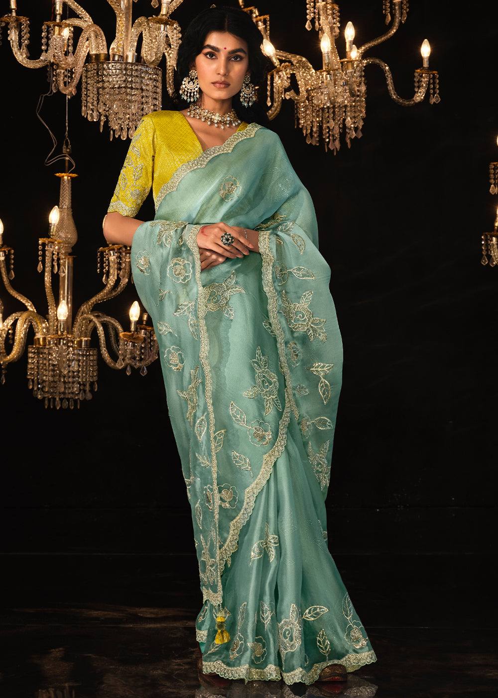 Spanish Green Embroidered Designer Satin Silk Saree