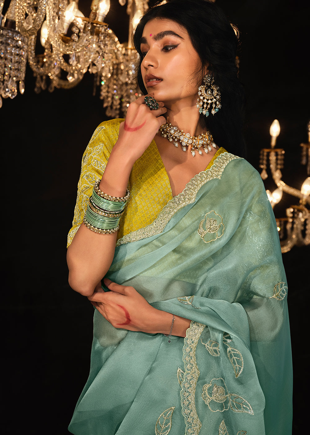 Spanish Green Embroidered Designer Satin Silk Saree