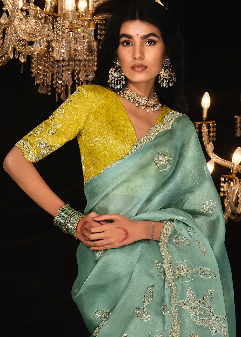 Spanish Green Embroidered Designer Satin Silk Saree