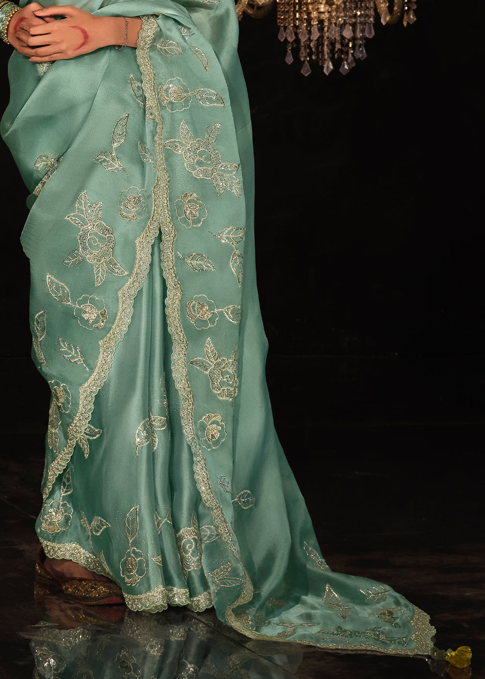 Spanish Green Embroidered Designer Satin Silk Saree