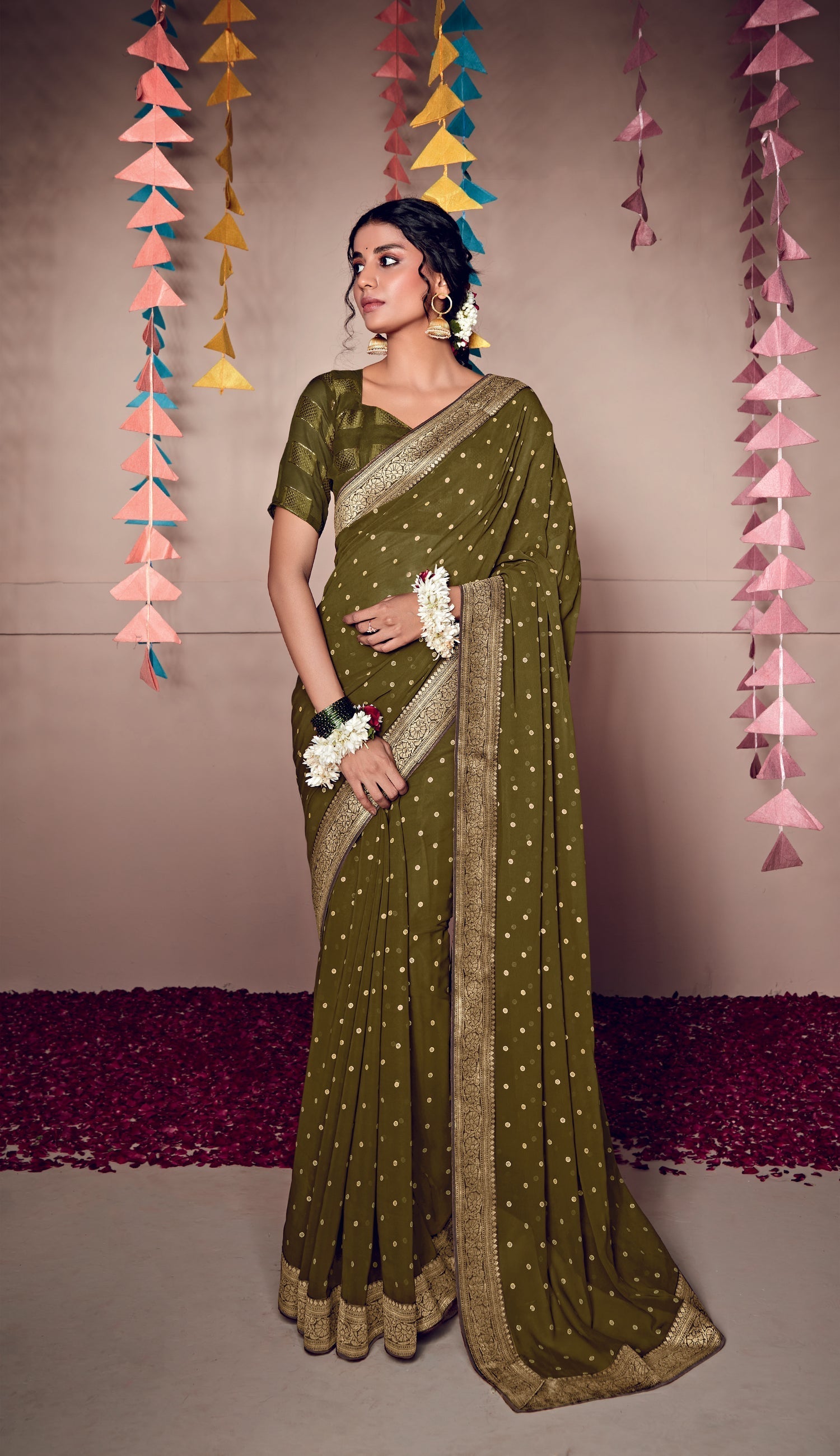 Dallas Green Woven Georgette Saree