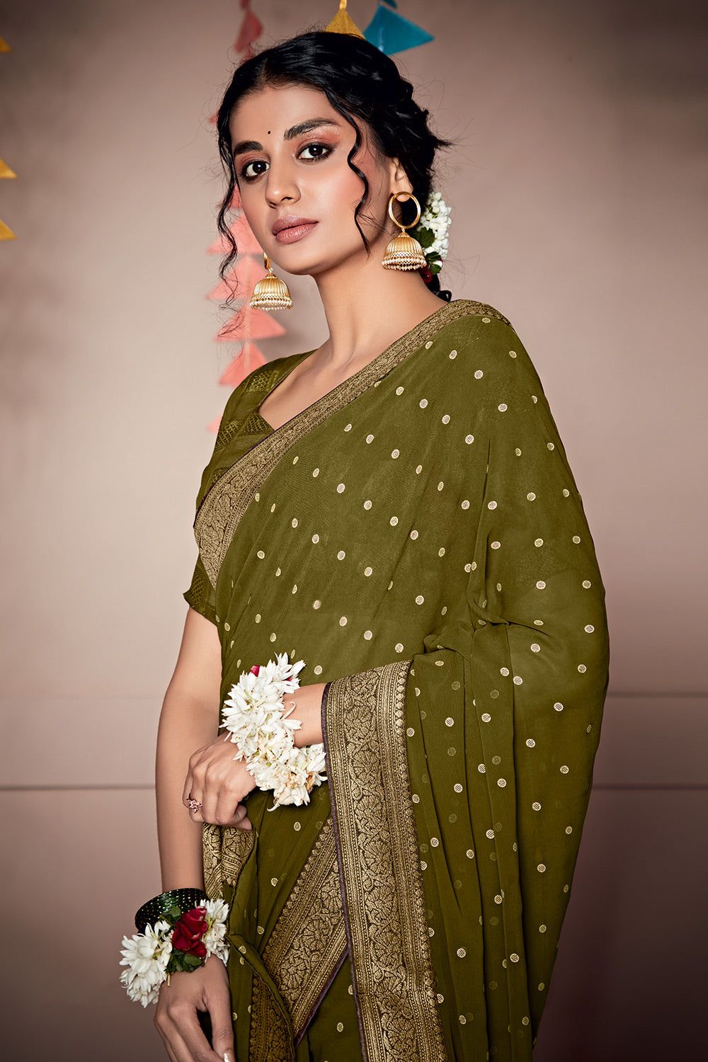 Dallas Green Woven Georgette Saree