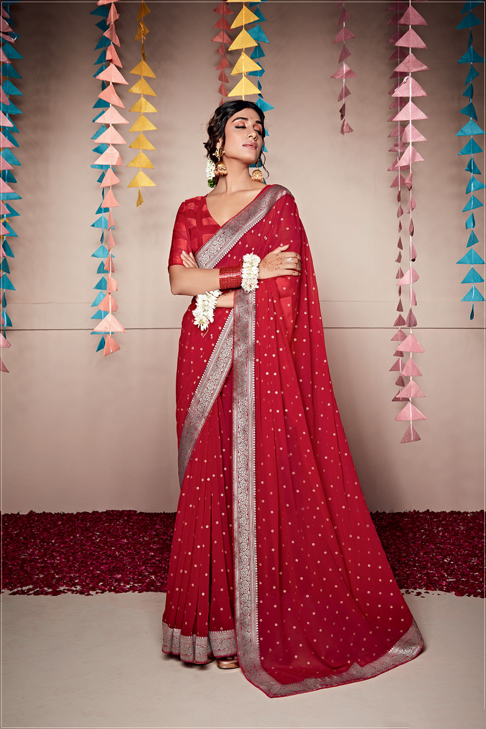 Brick Red Woven Georgette Saree