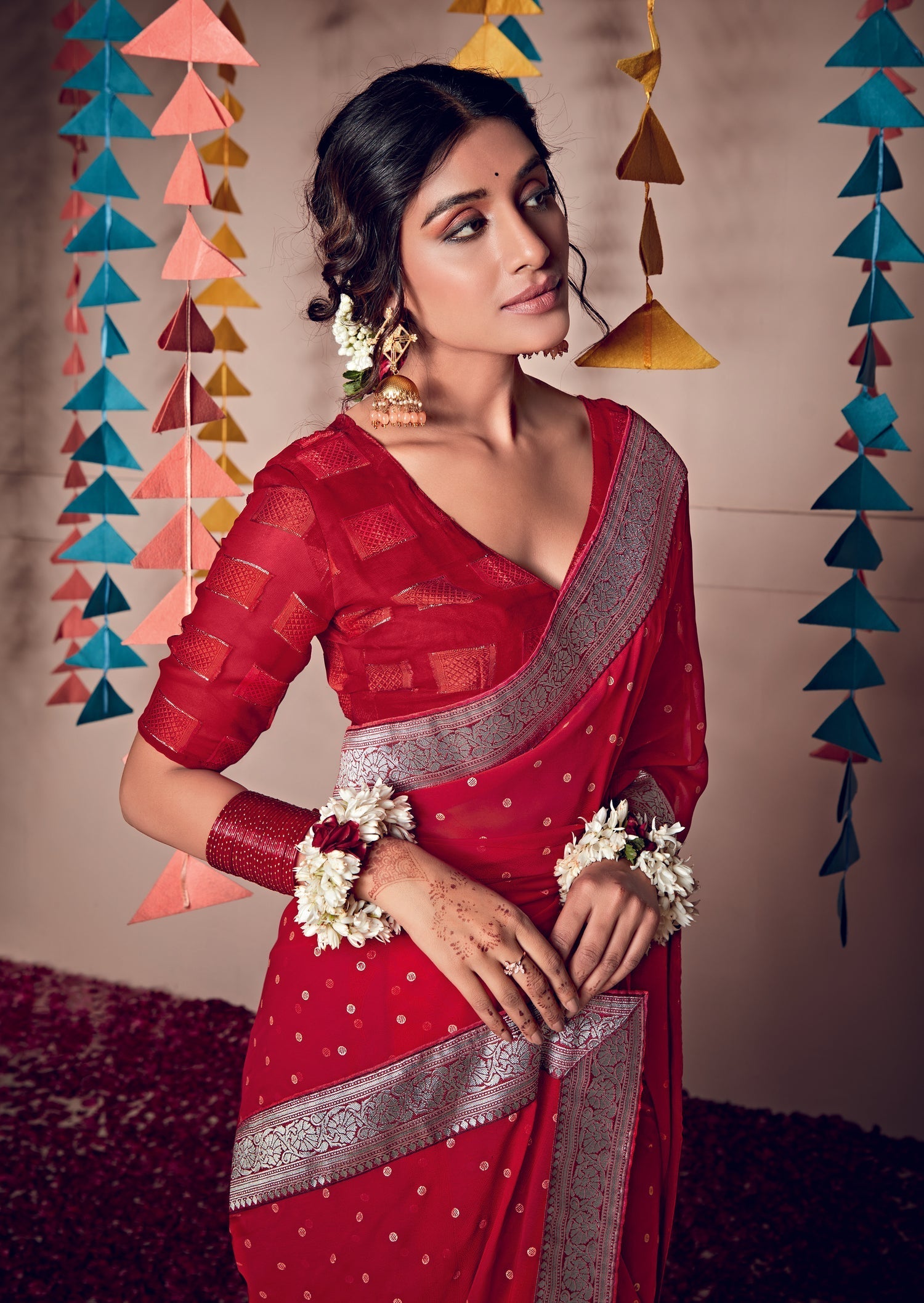 Brick Red Woven Georgette Saree