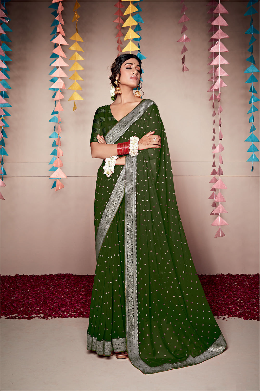 Thatch Green Woven Georgette Saree