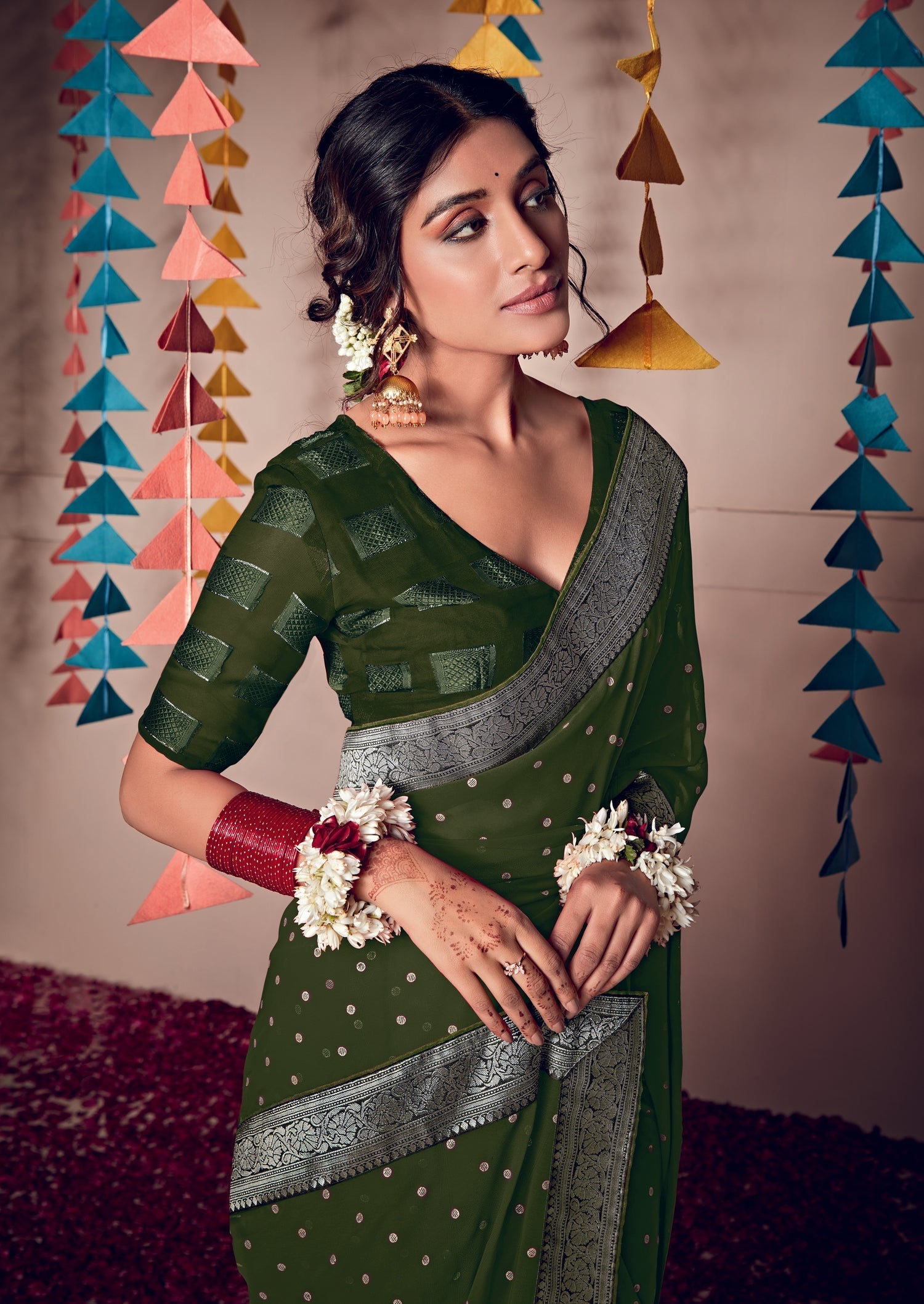 Thatch Green Woven Georgette Saree