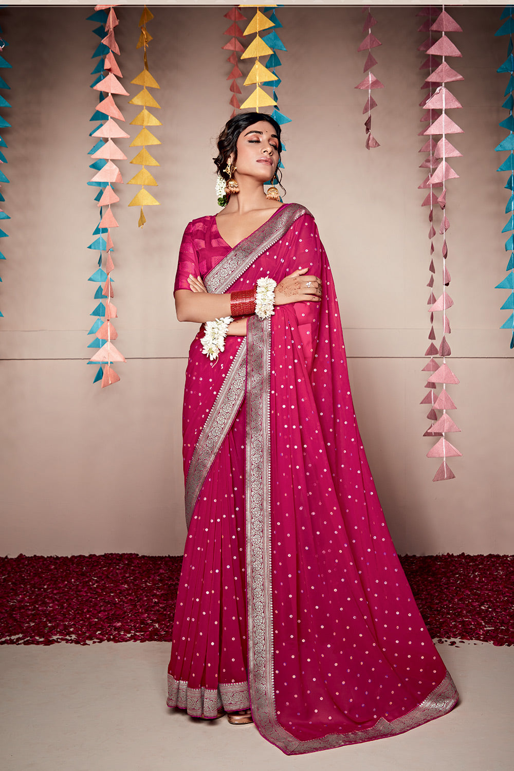 French Rose Pink Woven Georgette Saree