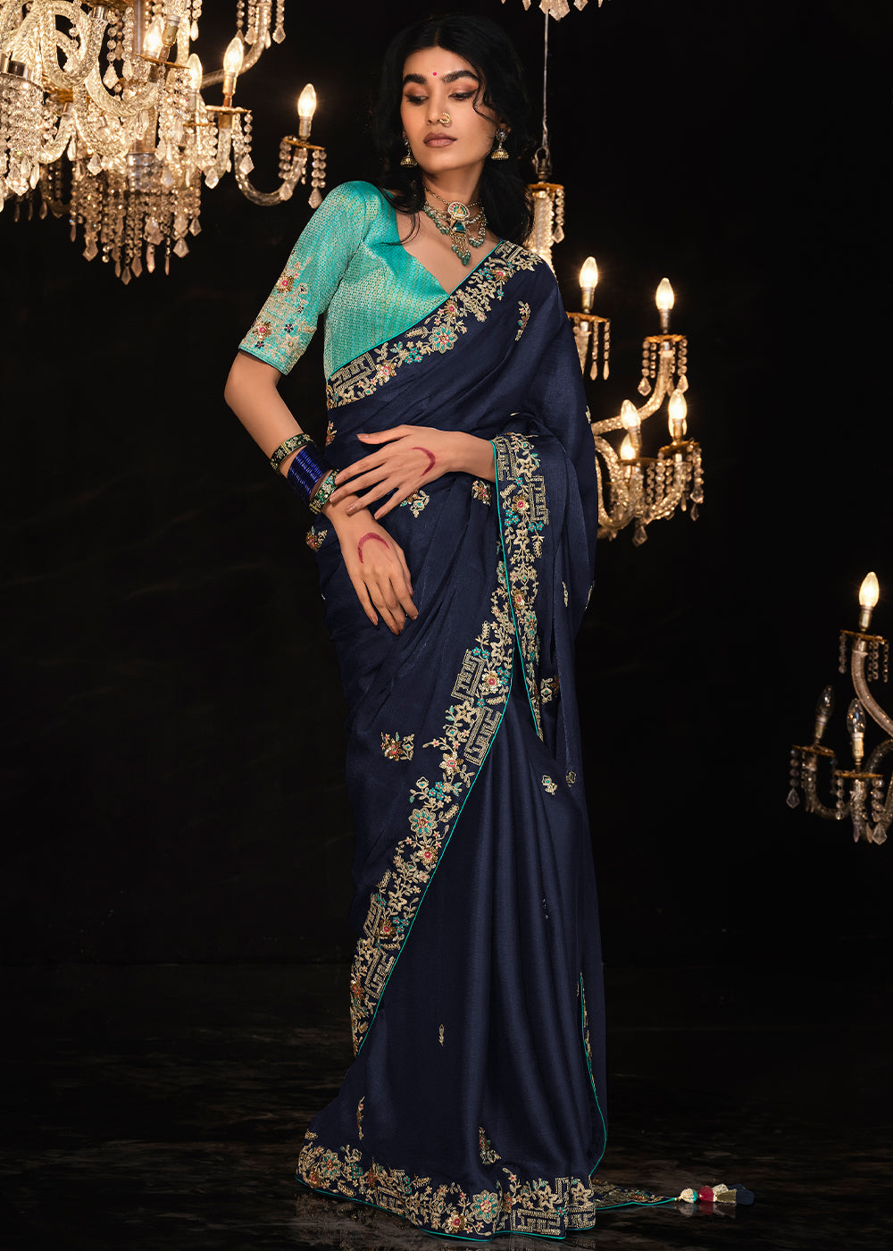 Space Blue Embroidered Designer Satin Silk Saree