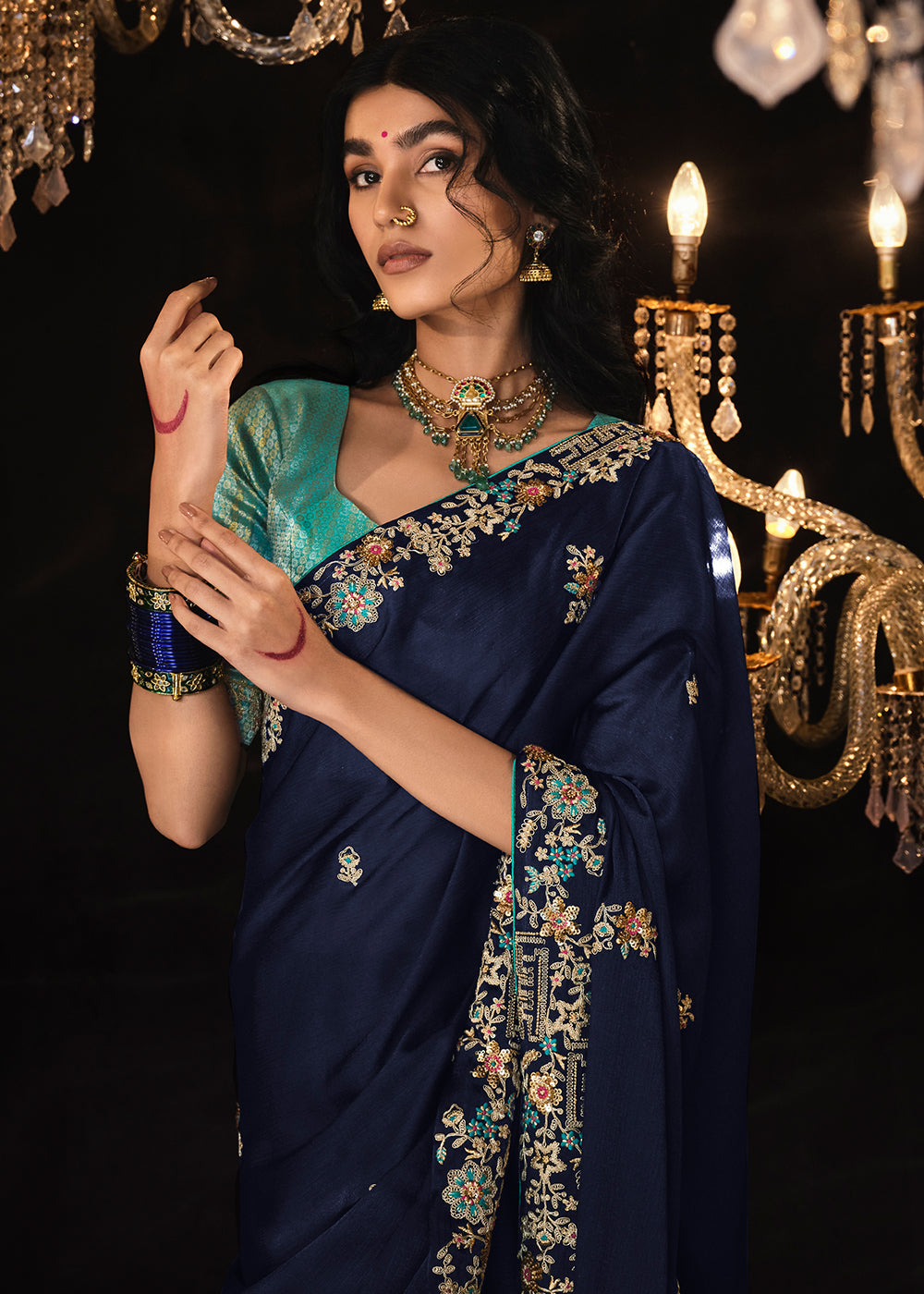 Space Blue Embroidered Designer Satin Silk Saree