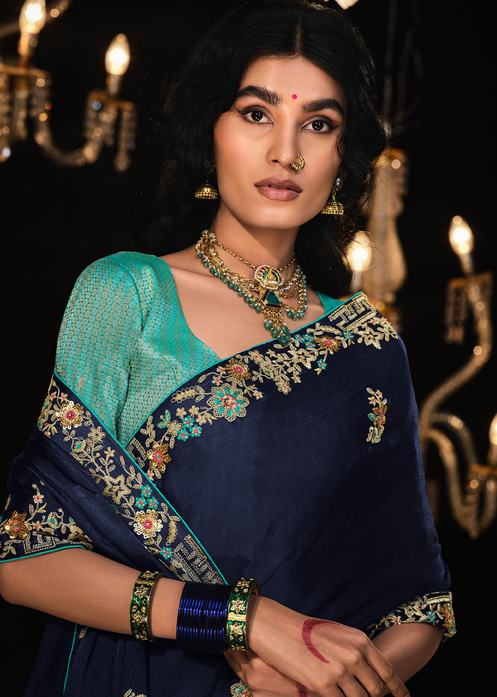 Space Blue Embroidered Designer Satin Silk Saree