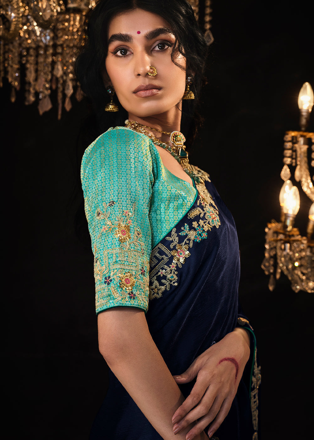 Space Blue Embroidered Designer Satin Silk Saree