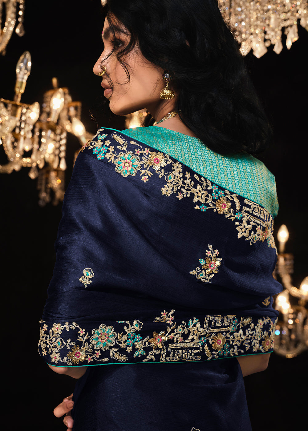 Space Blue Embroidered Designer Satin Silk Saree