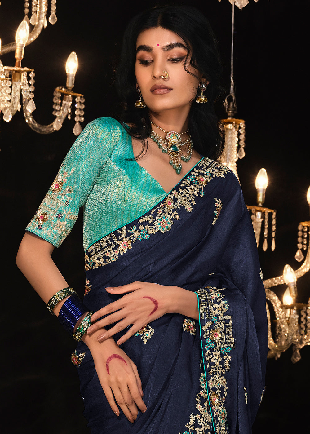 Space Blue Embroidered Designer Satin Silk Saree