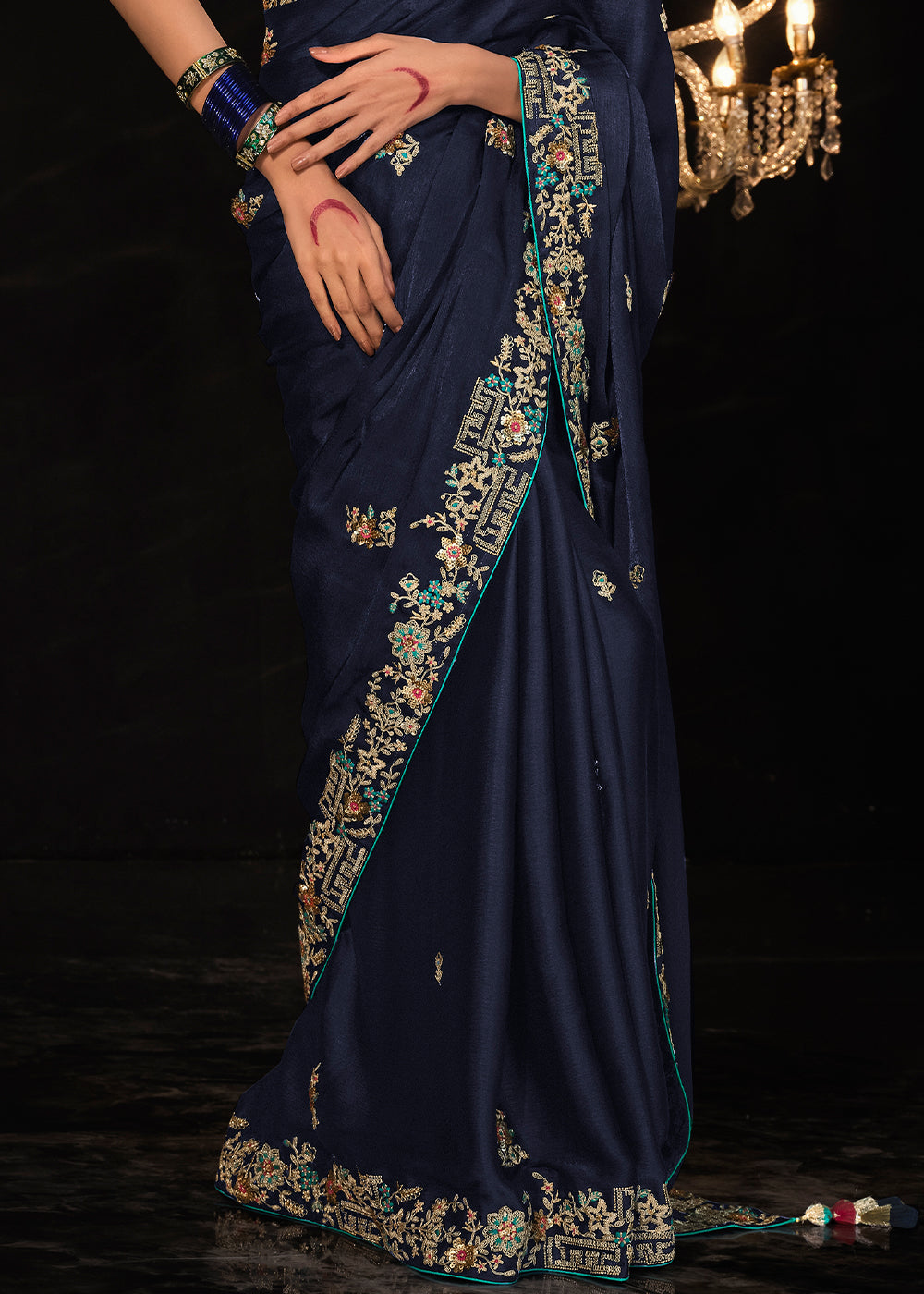 Space Blue Embroidered Designer Satin Silk Saree