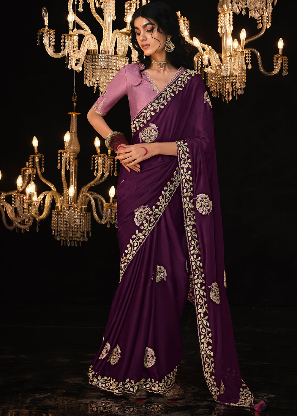 Wine Berry Purple Embroidered Designer Satin Silk Saree