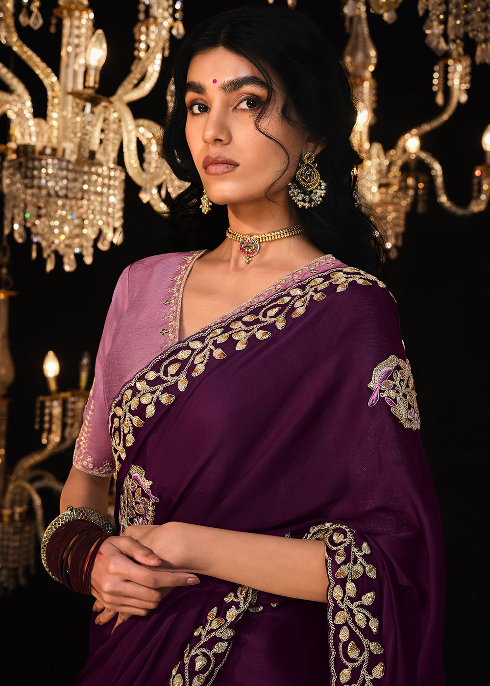 Wine Berry Purple Embroidered Designer Satin Silk Saree