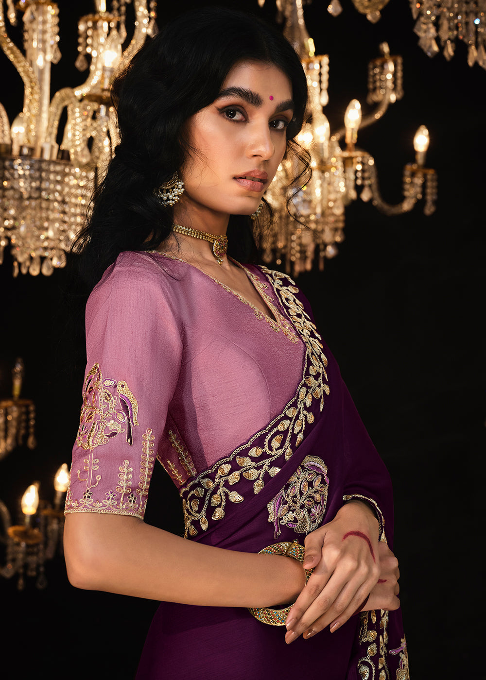 Wine Berry Purple Embroidered Designer Satin Silk Saree