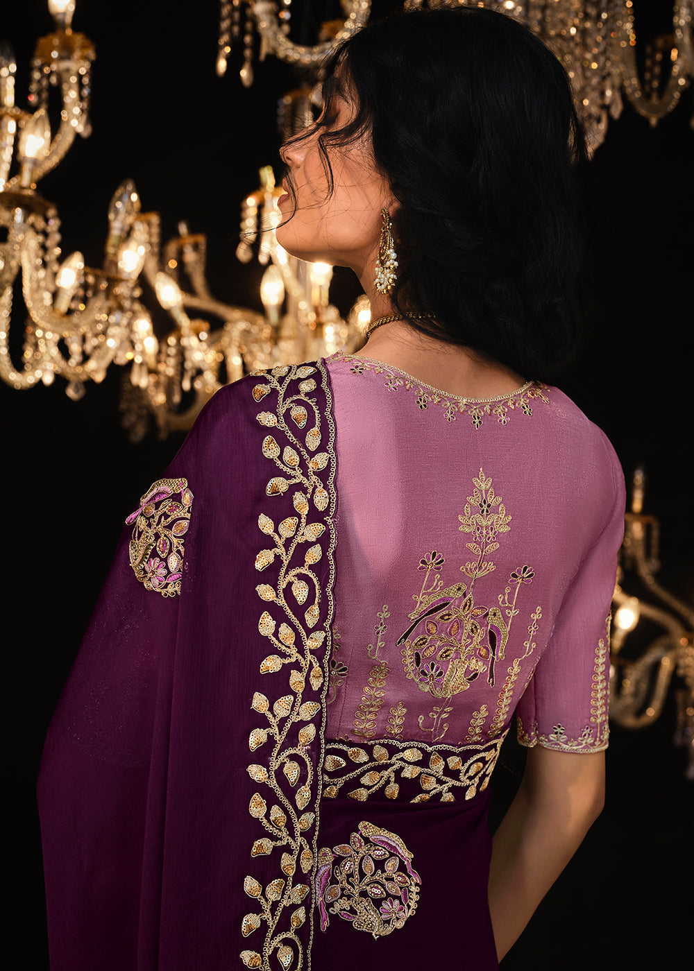 Wine Berry Purple Embroidered Designer Satin Silk Saree