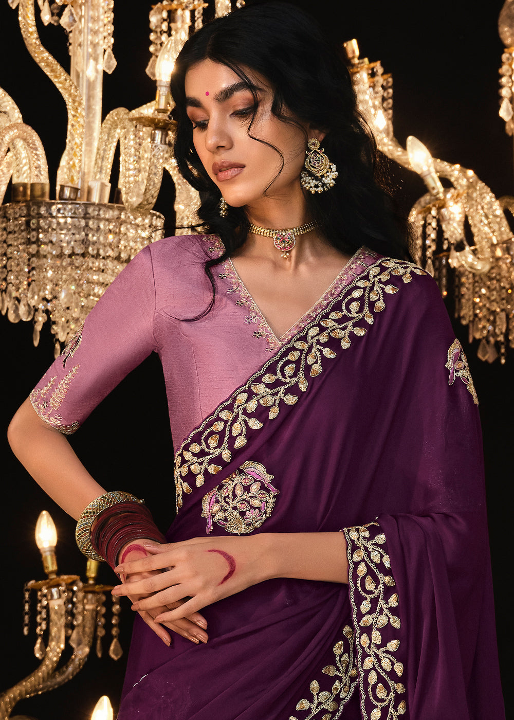 Wine Berry Purple Embroidered Designer Satin Silk Saree