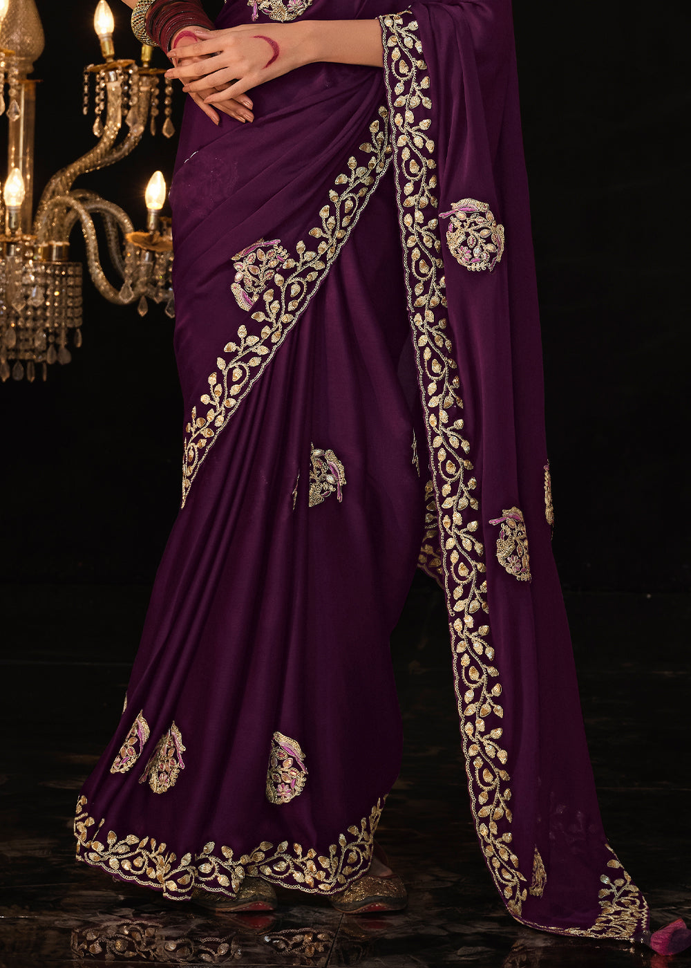 Wine Berry Purple Embroidered Designer Satin Silk Saree