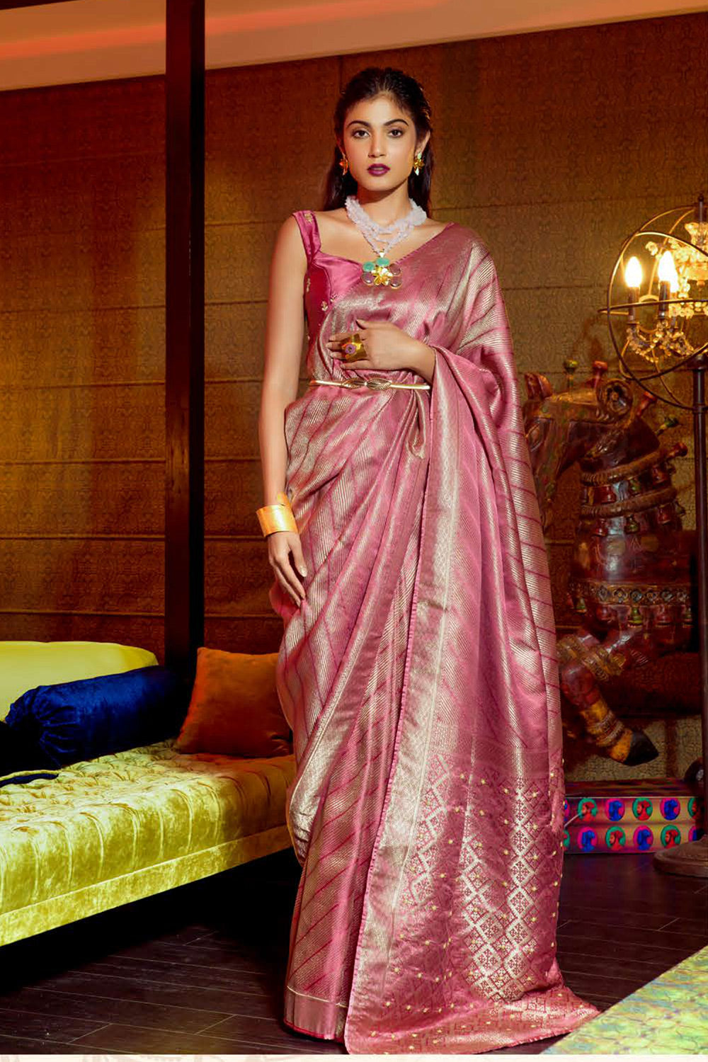 Chestnut Pink Zari Woven Satin Silk Saree