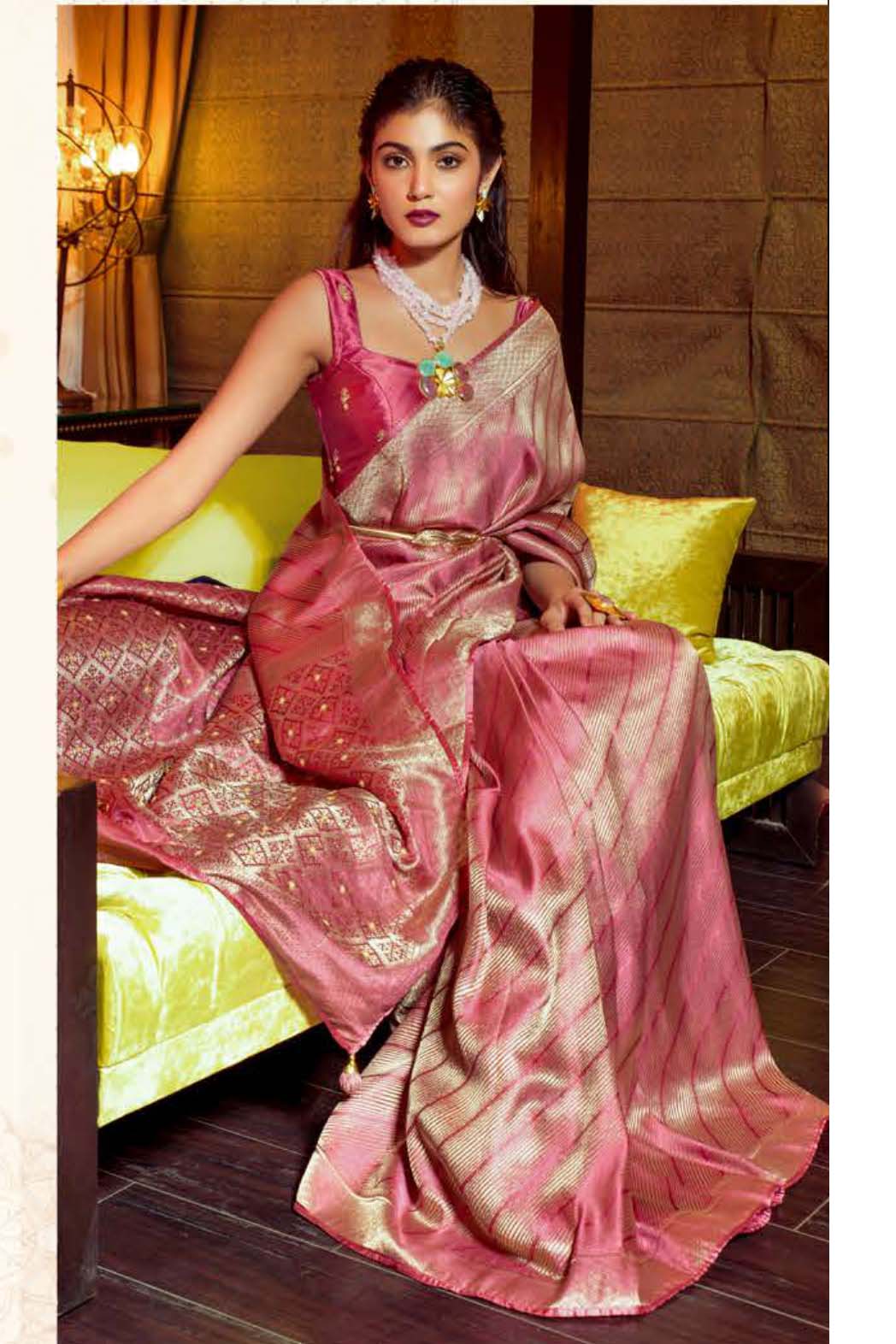 Chestnut Pink Zari Woven Satin Silk Saree