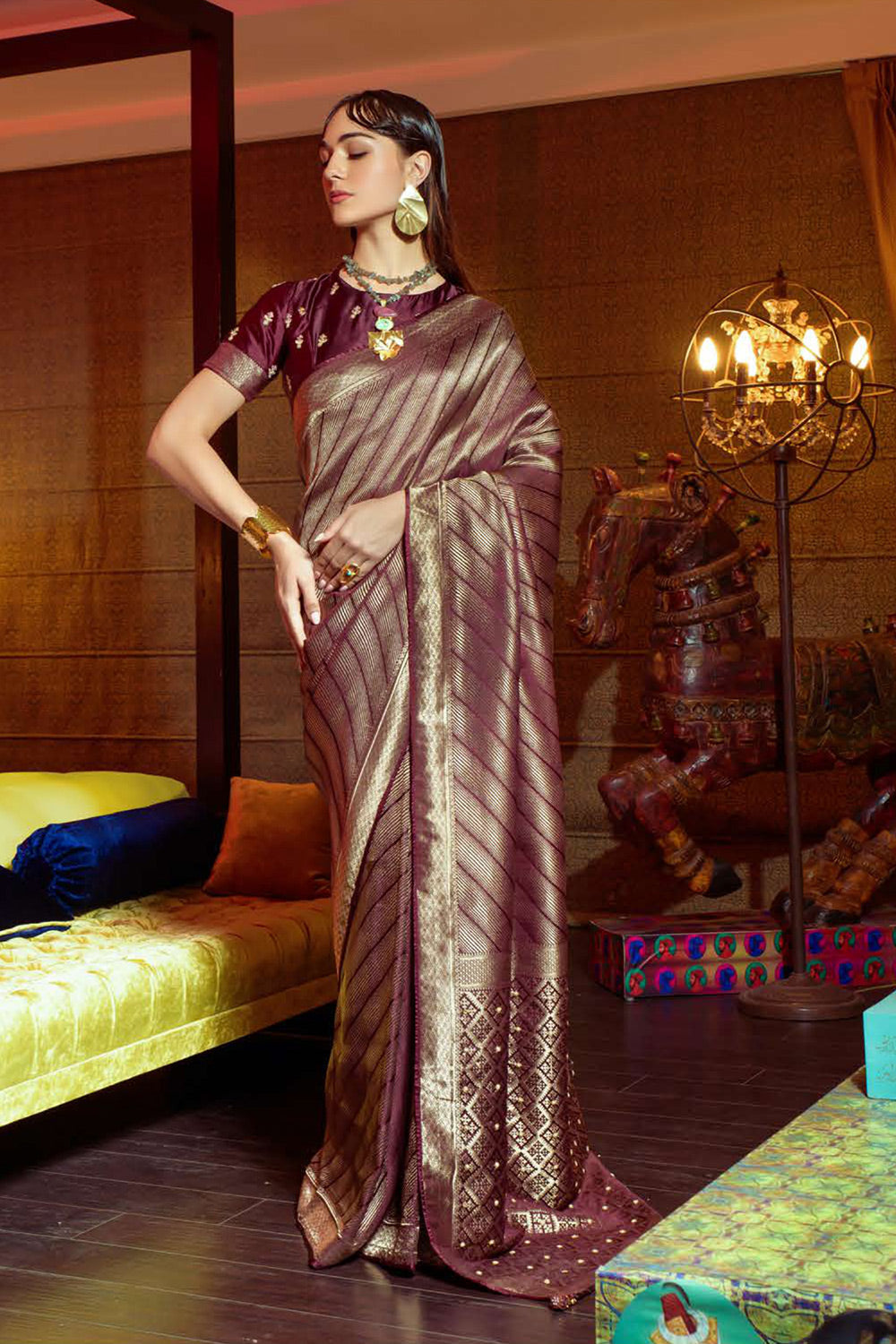 Roman Coffee Brown Zari Woven Satin Silk Saree