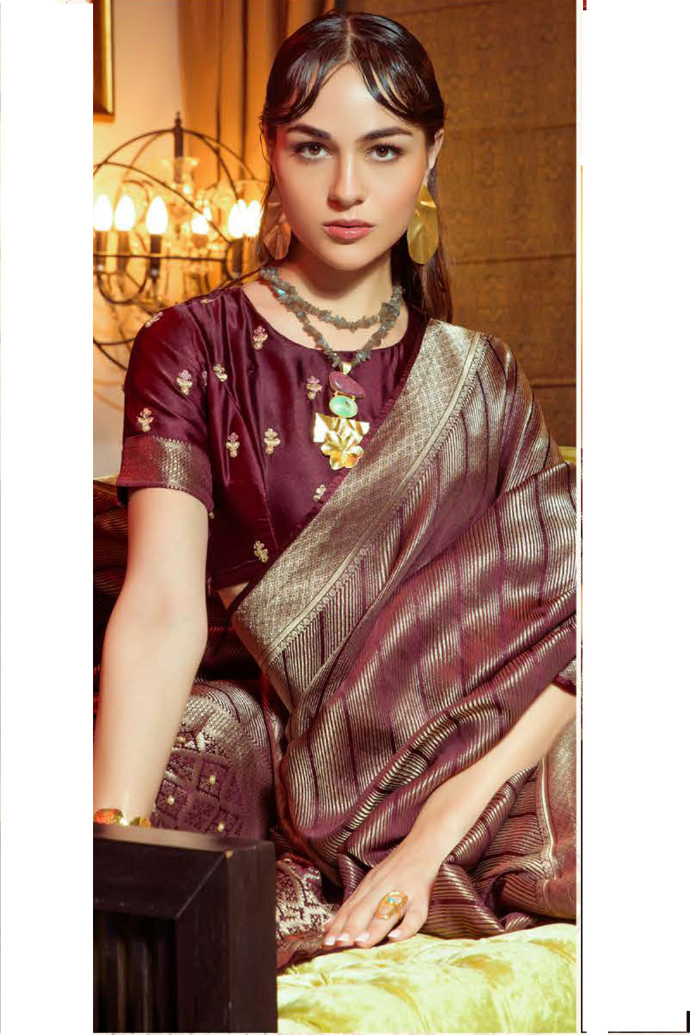 Roman Coffee Brown Zari Woven Satin Silk Saree