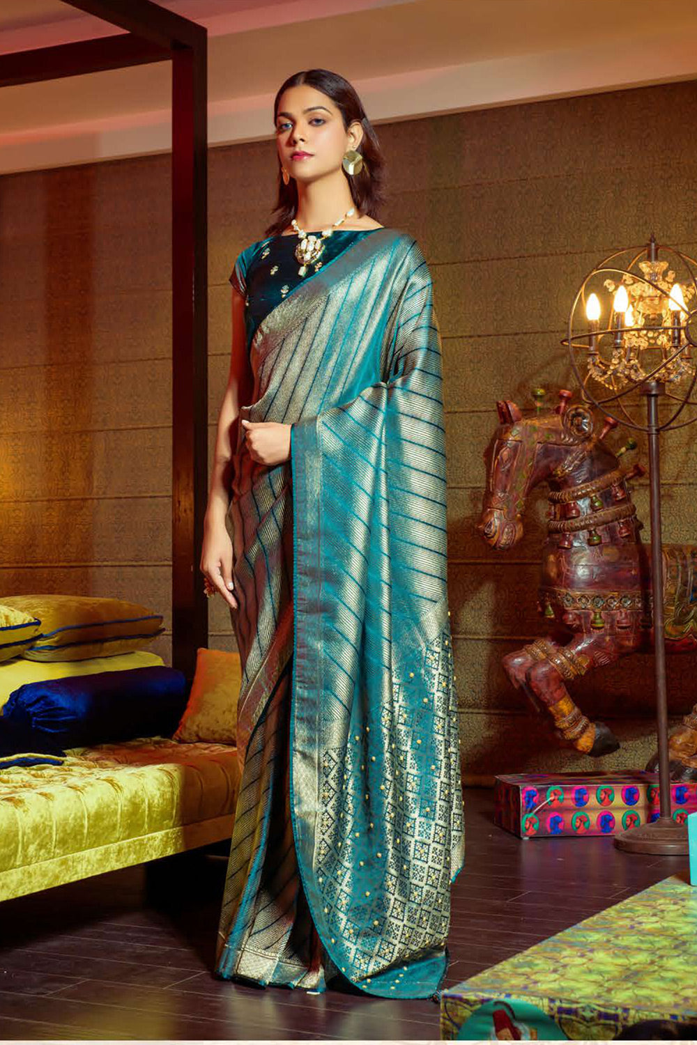 Hippie Blue Zari Woven Satin Silk Saree