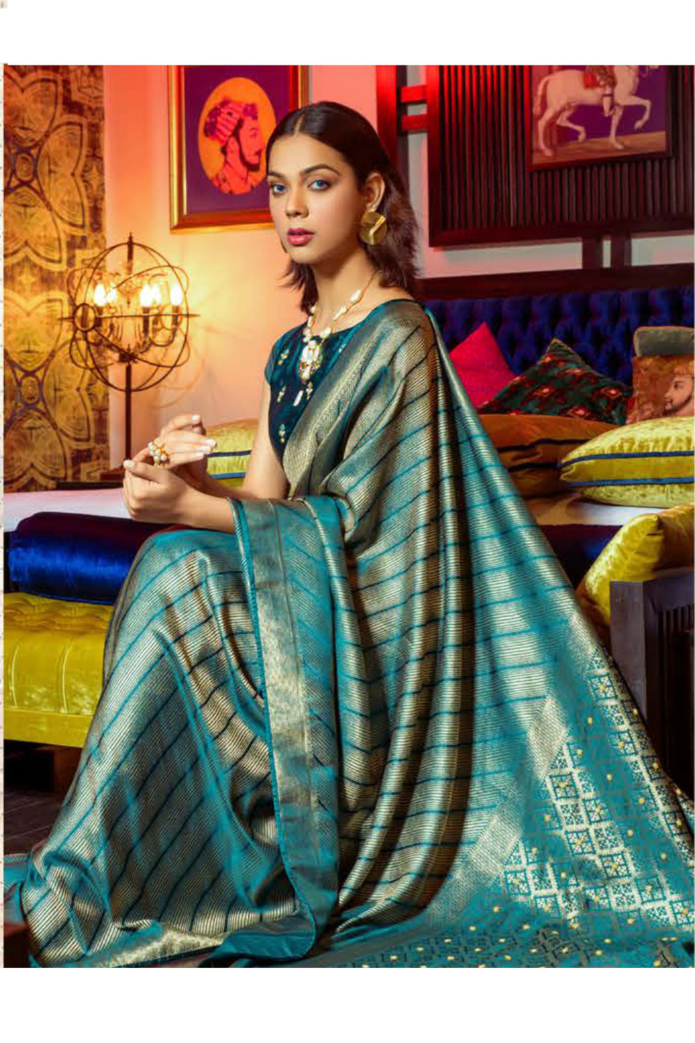 Hippie Blue Zari Woven Satin Silk Saree