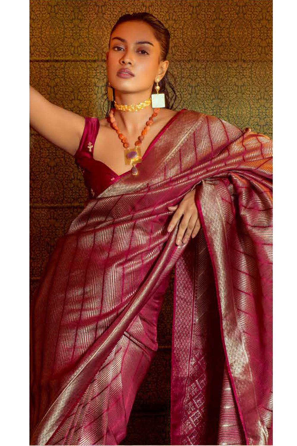 Burnt Umber Brown Zari Woven Satin Silk Saree