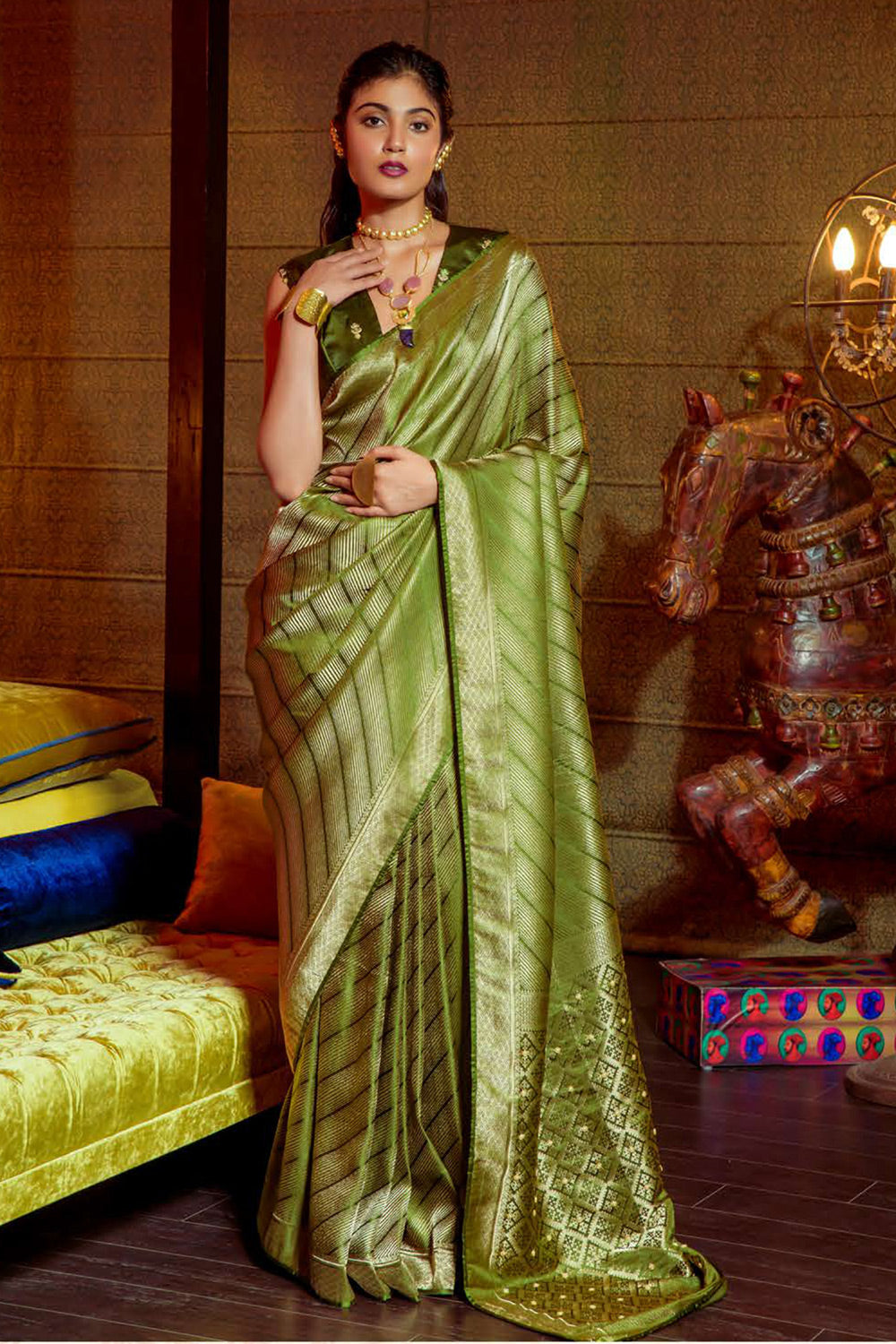 Pacifika Green Zari Woven Satin Silk Saree