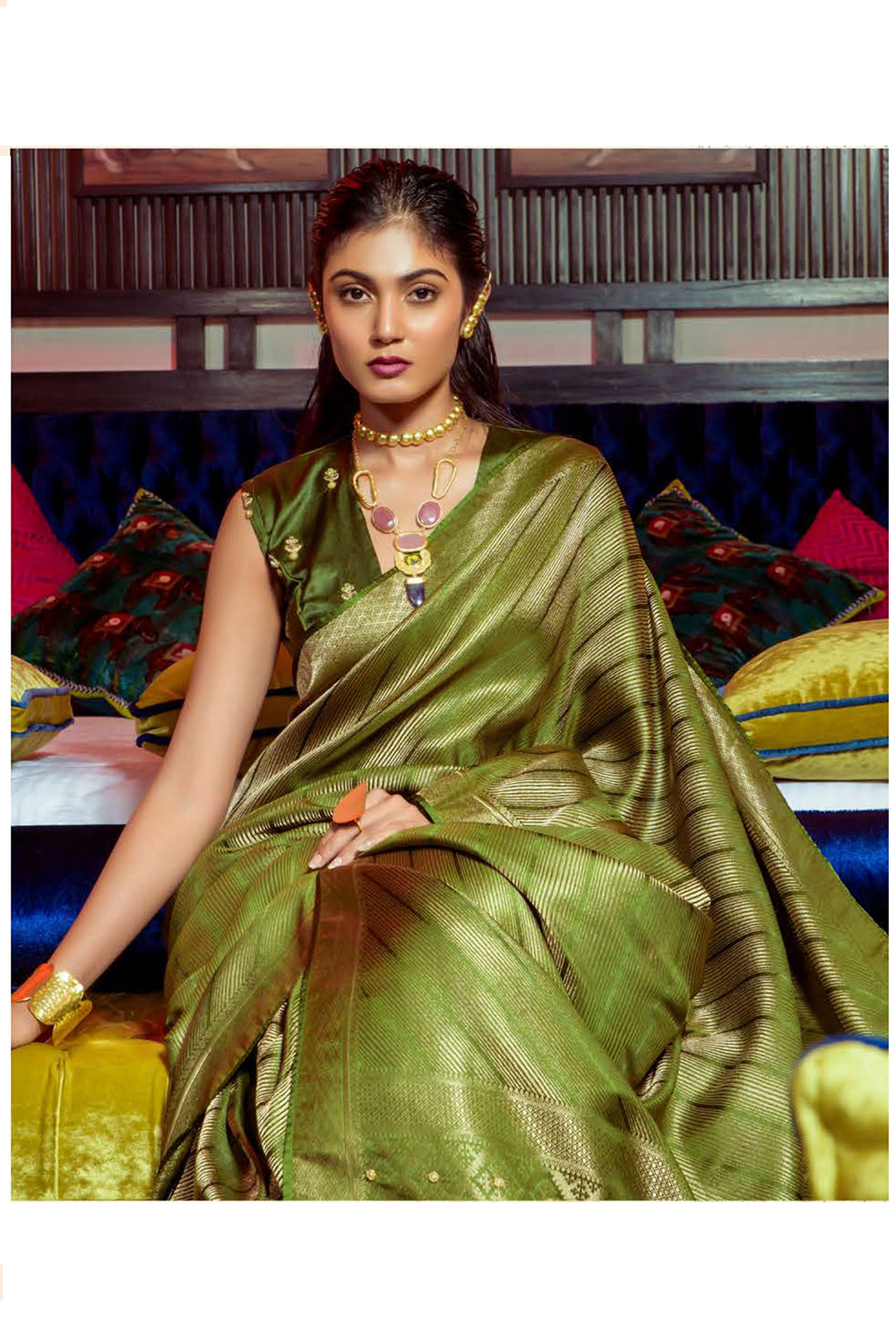 Pacifika Green Zari Woven Satin Silk Saree