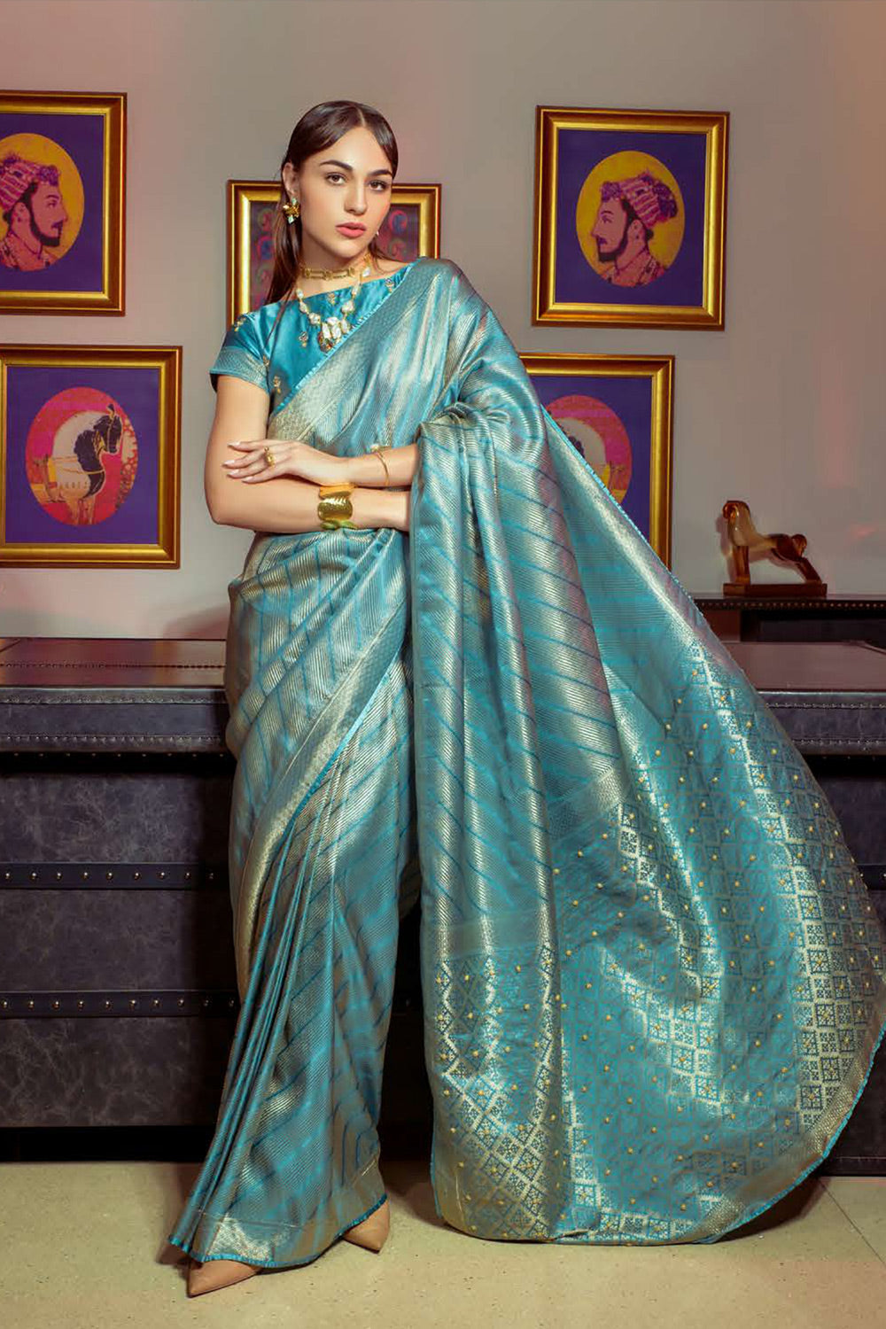 Neptune Blue Zari Woven Satin Silk Saree