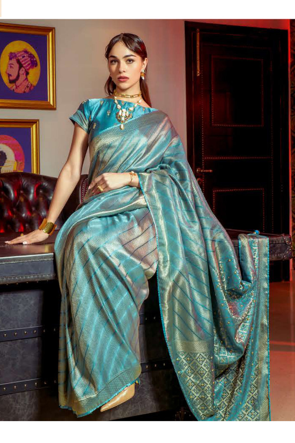 Neptune Blue Zari Woven Satin Silk Saree