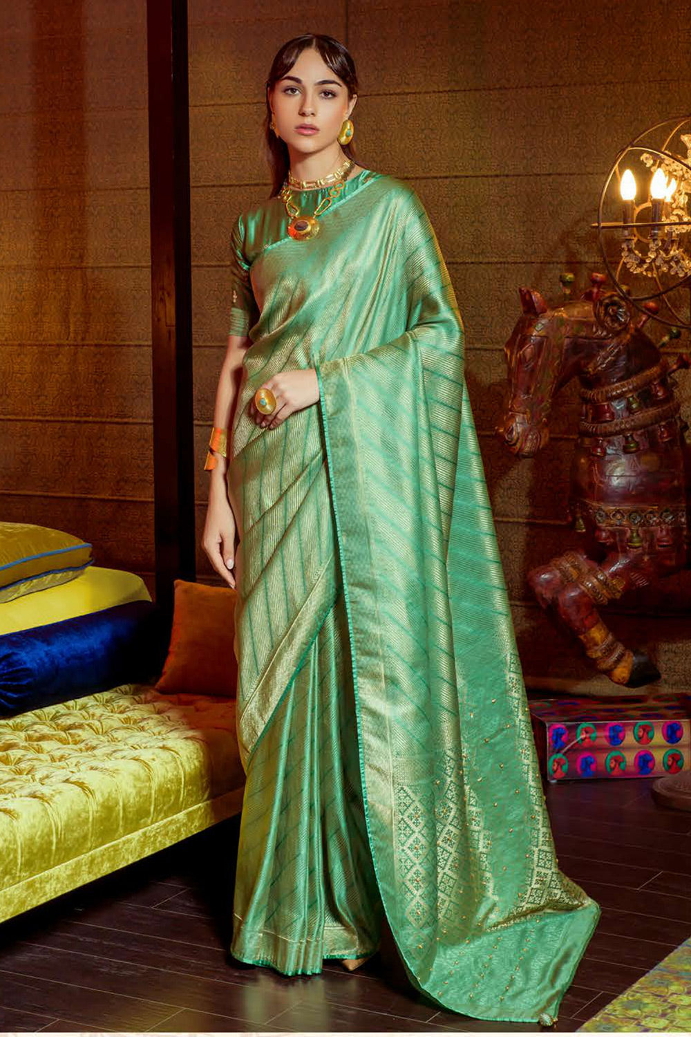 Forest Green Zari Woven Satin Silk Saree