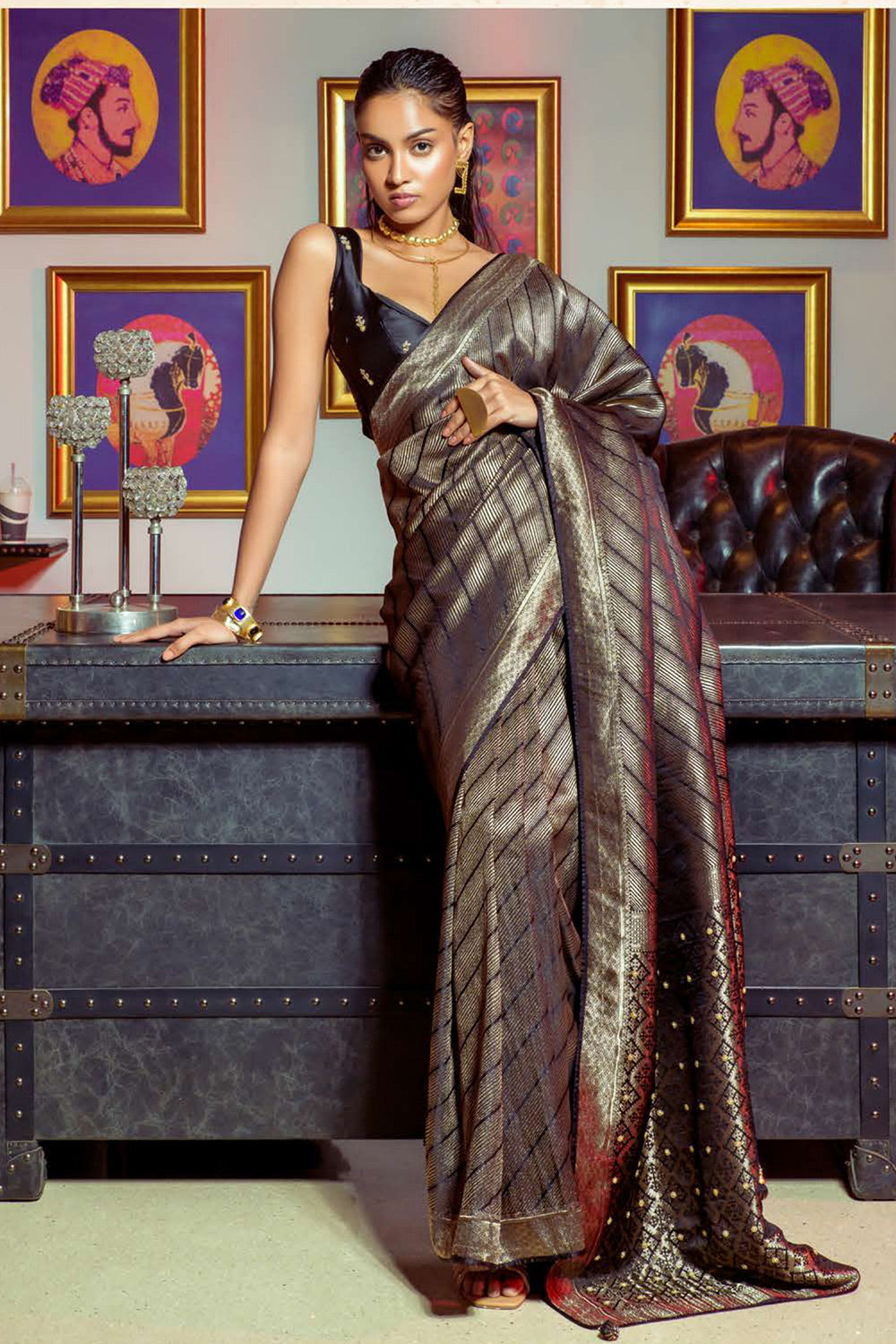 Nero Black Zari Woven Satin Silk Saree