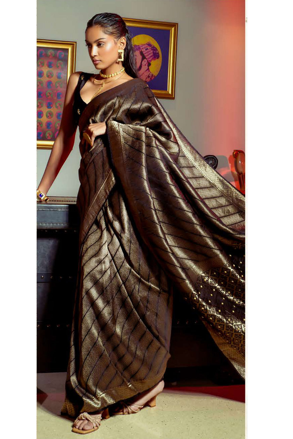 Nero Black Zari Woven Satin Silk Saree